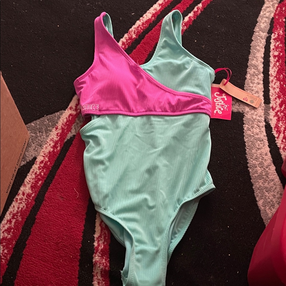 Justice Pink and Aqua Kids One Piece Swimsuit Size 12/14  NWT